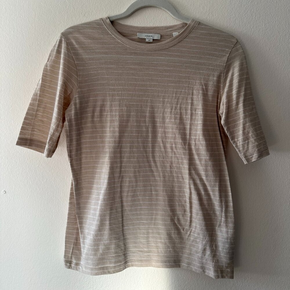 Women's Pima Cotton Tee by Vince - Tan with White Stripes - Size Small - EUC